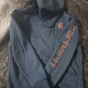 Carhartt Women's Blue Hoodie with Pink Logo